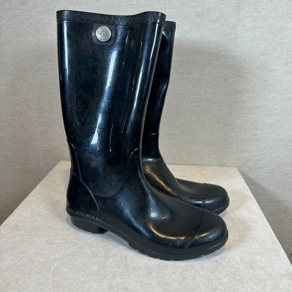 UGG Black Glossy Tall Pull On Rain Boots Womens 9.5 Logo Medallion